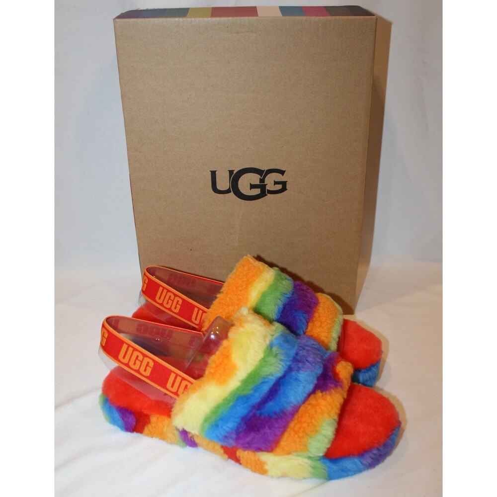 NIB UGG YOUTH 5 WOMEN'S 6.5-7 RAINBOW FLUFF‎ YEAH SLIP ON SHEARLING SLIPPER